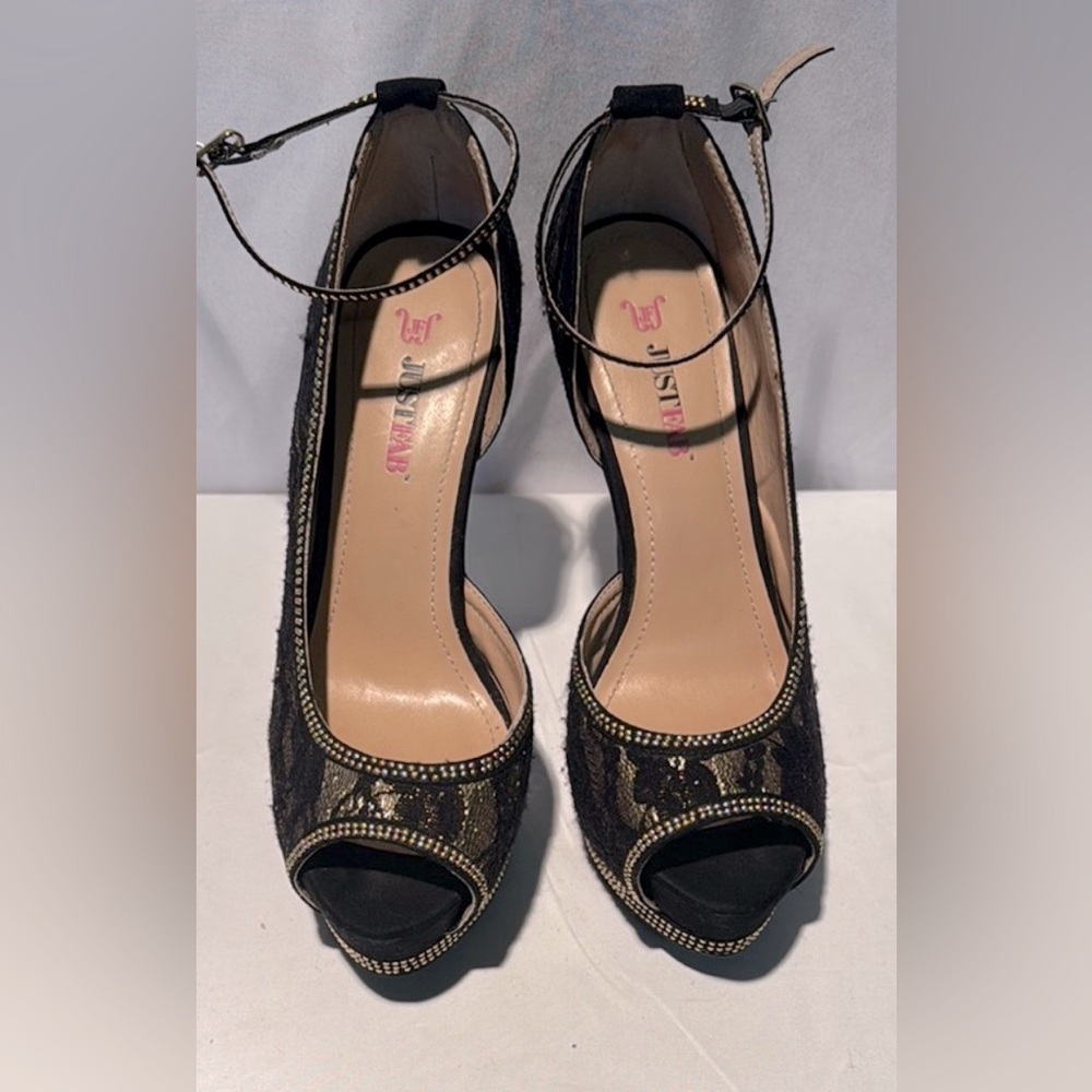 JustFab Black and Gold Classic Peep-Toe Heels